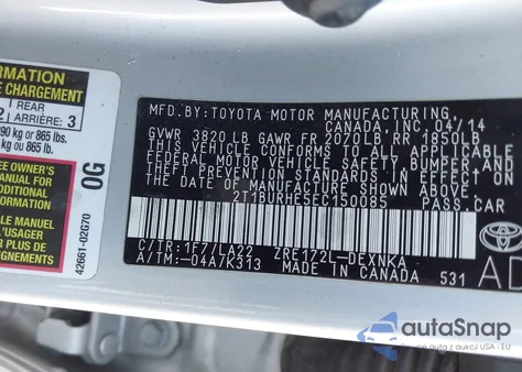 2014 Toyota Corolla Le Premium from USA, damaged, VIN 2T1BURHE5EC150085